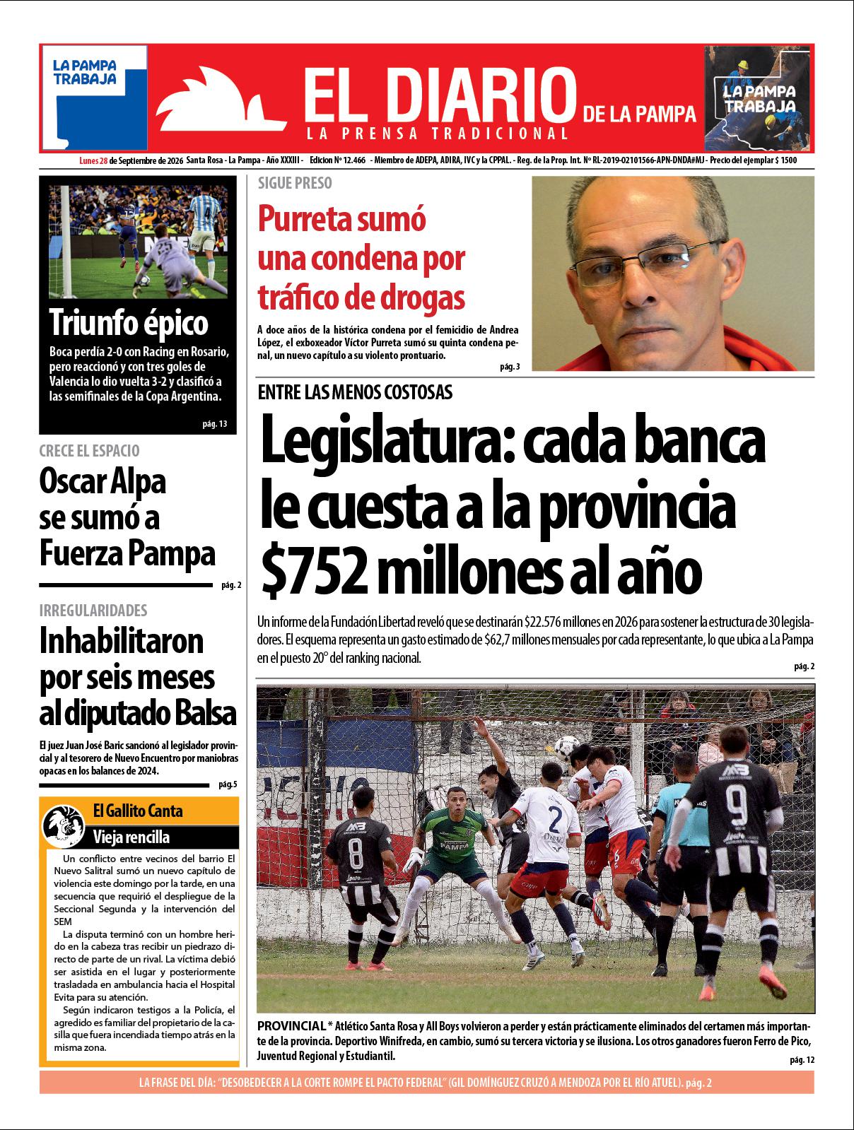 Tapa de El Diario en papel  lunes 28 de septiembre de 2026